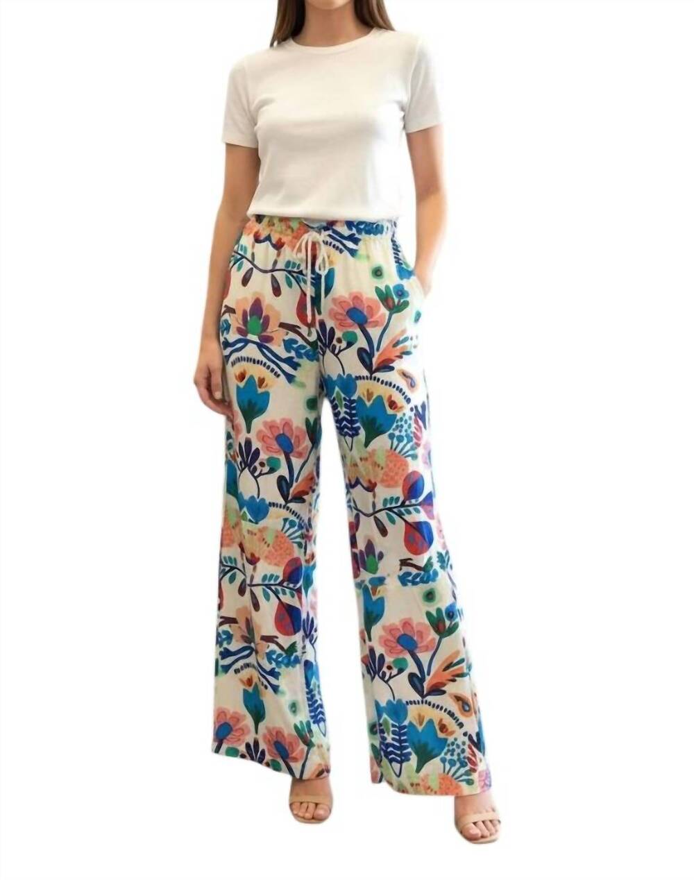 NEW ANNIEWEAR tropical print wide leg woven pants in blue multi